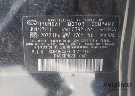 2012 Hyundai Elantra Limited (Ulsan Plant) z USA, uszkodzony, nr VIN KMHDH4AE6CU227181